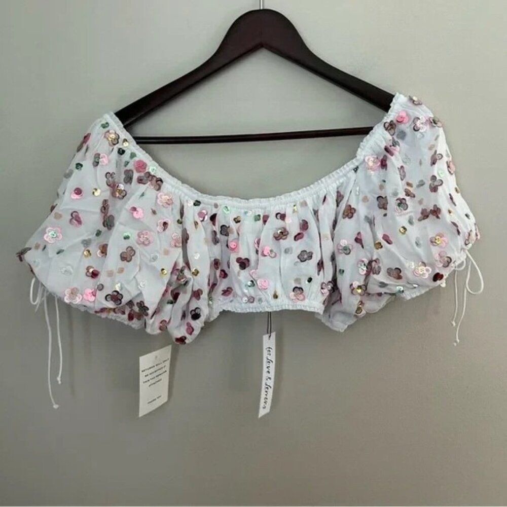 For Love & Lemons Crop Top Cold Hearted Short Sleeve Sequin Flower White Pink - Picture 8 of 15